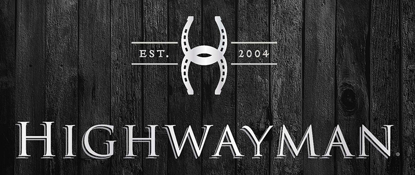 Highwayman logo on Black Wood Background