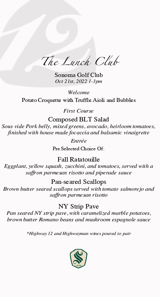 Highway 12 Lunch Club Menu