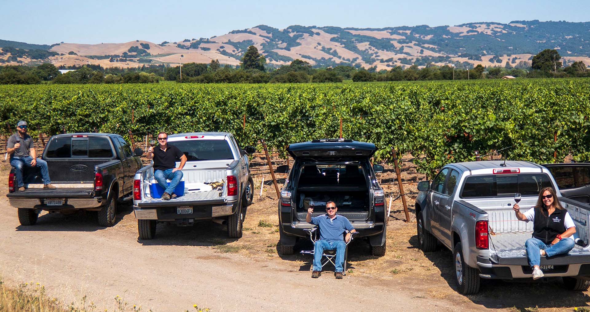Highway 12 team toasting during a tailgate tasting in the vineyard